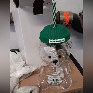 Starbucks BEARISTA 2025 Clear Glass Bear Tumbler with Green Lid